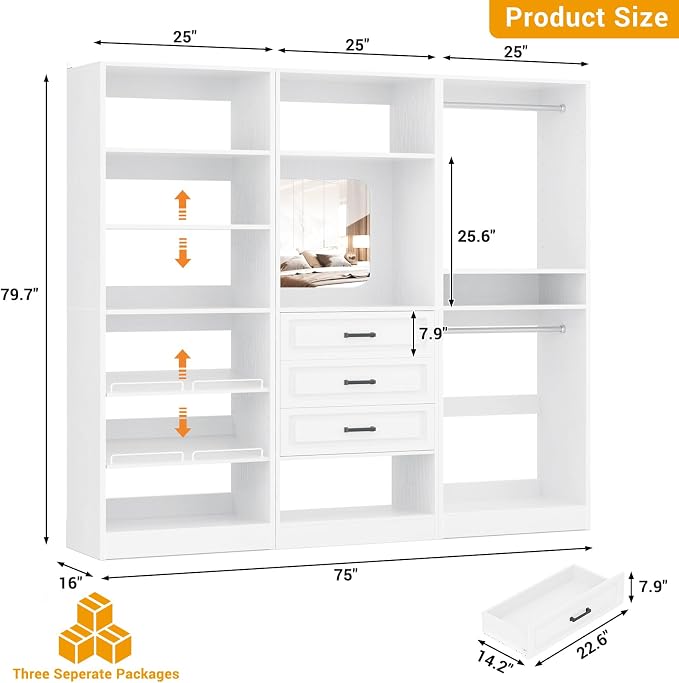 Unikito 75" Modular Closet System with 3 Sets, Mirror & Drawers, White