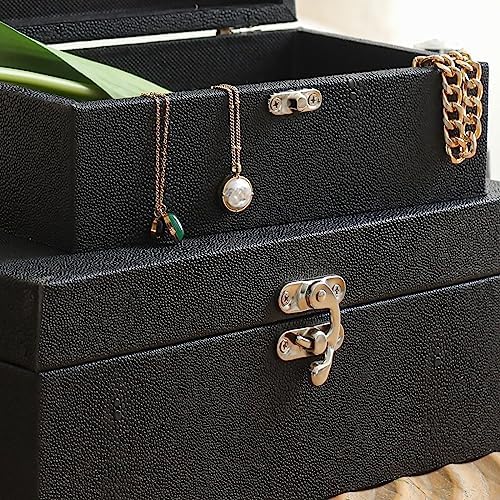 DECOR4SEASON Faux Shagreen Leather Decorative Storage Boxes Set of 2, Black | For Keeping Precious Keepsakes, Trinkets, Jewelry And Other Small Items Organized
