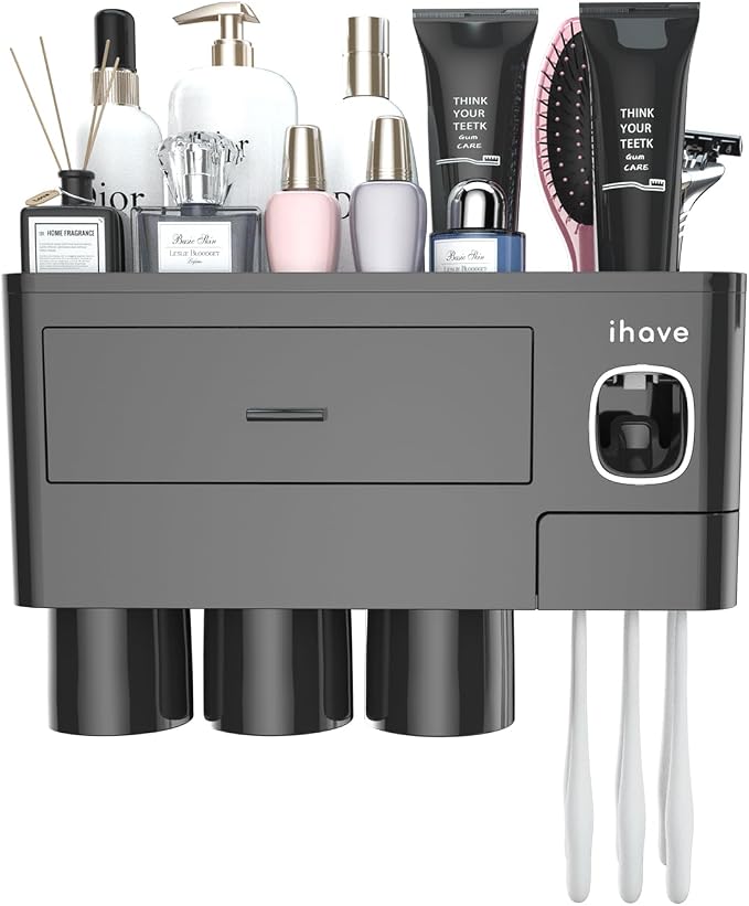 iHave Toothbrush Holders Wall Mounted with Toothpaste Dispenser & 3 Cups