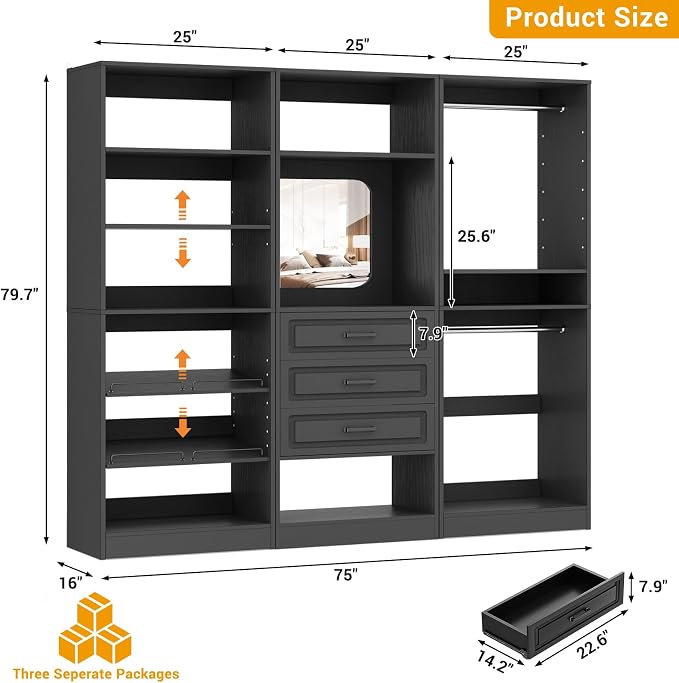 Unikito 75" Modular Closet System with 3 Sets, Mirror & Drawers, Black