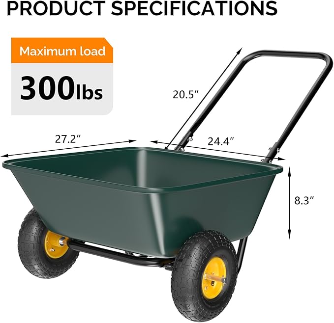 VINGLI 2 Wheel Wheelbarrow, Plastic and Steel Wheel Barrel, 330lbs Capacity Garden Cart for Lawn, Gardening, Construction