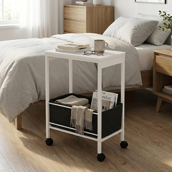 White Rolling Side Table with Storage Basket, Narrow End Table on Wheels for Small Spaces, 15.75" D x 9.84" W x 22.05" H Sofa Side Table with Fabric Bin for Living Room and Bedroom