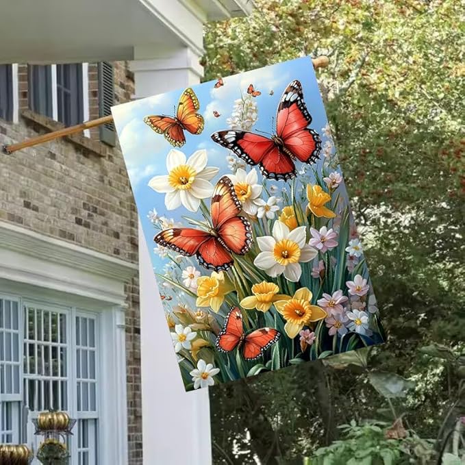Large Spring Summer Garden Flags for Outside 28 x 40 Double Sided, Burlap Spring Summer House Flag, Large Outdoor Yard Flags Butterfly Daffodil Floral Decorations Farmhouse Patio Garden Decor