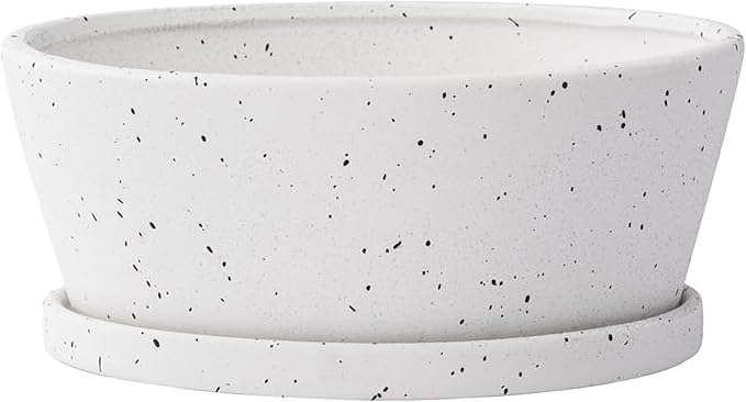 Napco Imports Decorative Home or Garden 3.75 x 8 Inch Indoor or Outdoor Dishgarden Flower Pot Planter with Saucer Black and White Speckled