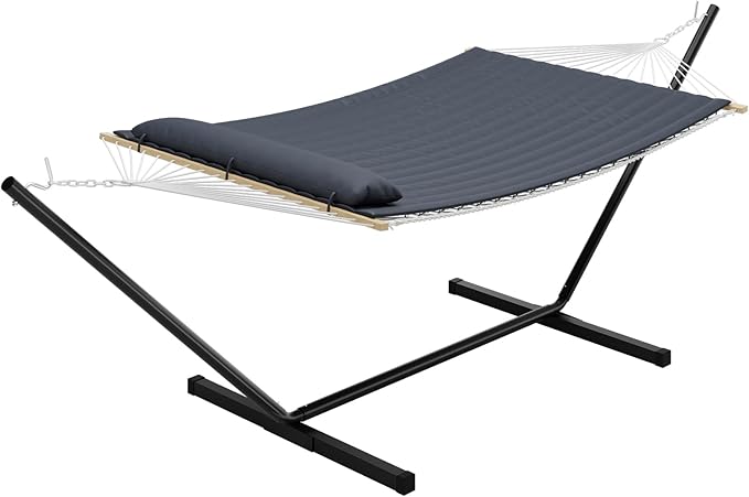 Garvee 2 Person Portable Double Hammock for Outdoor with Pillow, Heavy Duty Portable Hammock with Adjustable Steel Stand for Patio, Garden, Beach, Backyard