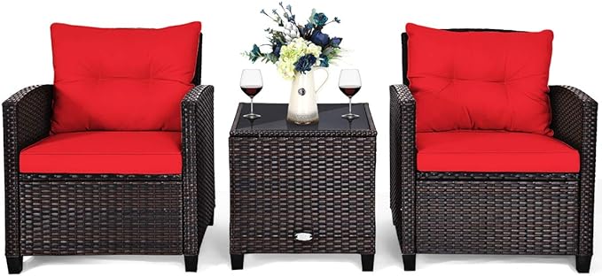 Tangkula 3 Pieces Patio Furniture Set, PE Rattan Wicker 3 Pcs Outdoor Sofa Set w/Washable Cushion and Tempered Glass Tabletop, Conversation Furniture for Garden Poolside Balcony (Red)