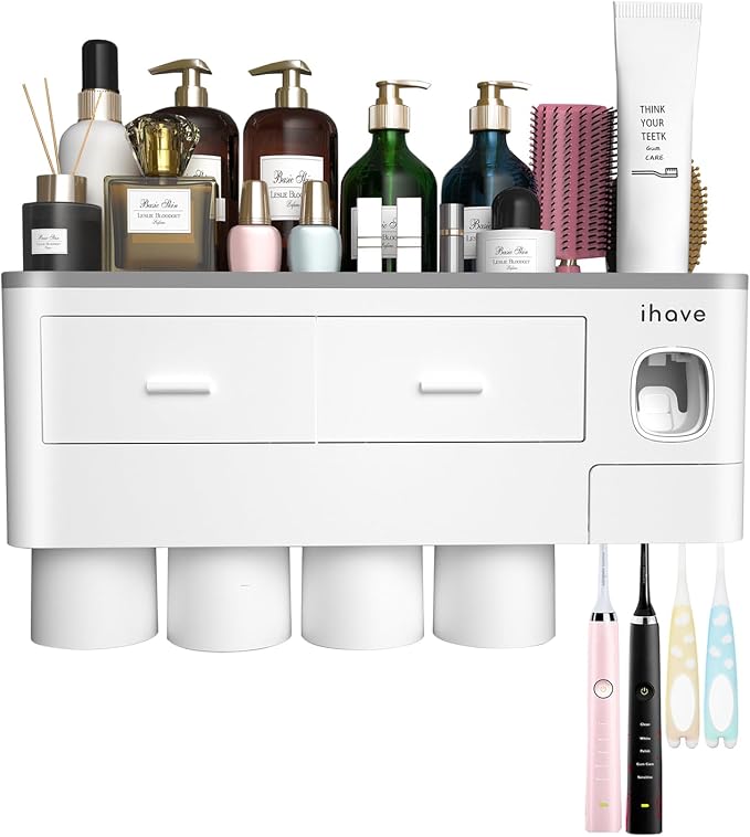iHave Toothbrush Holders Wall Mounted with Toothpaste Dispenser & 4 Cups