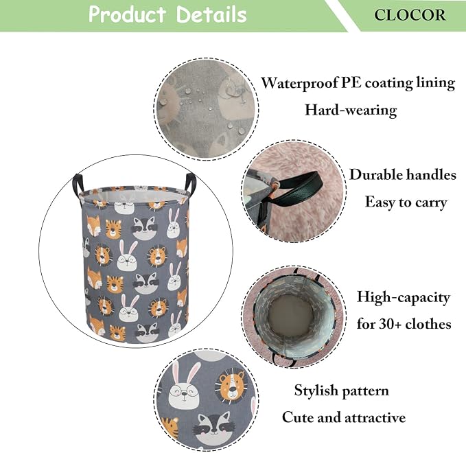 CLOCOR Kids Laundry Basket,Collapsible Fabric Storage Container,Gift Basket(Animal Heads)