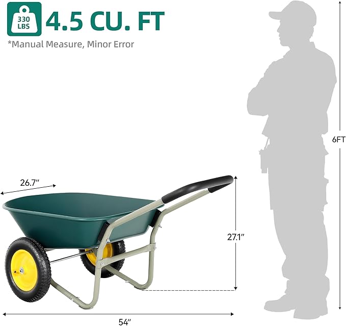 Autodaya Dual-Wheel Garden Cart, 14" Pneumatic Tires & Built-in Stand, 4.5 Cu Ft Utility Yard Wheelbarrow for Gardening, Soil, Construction, Easy Assembly