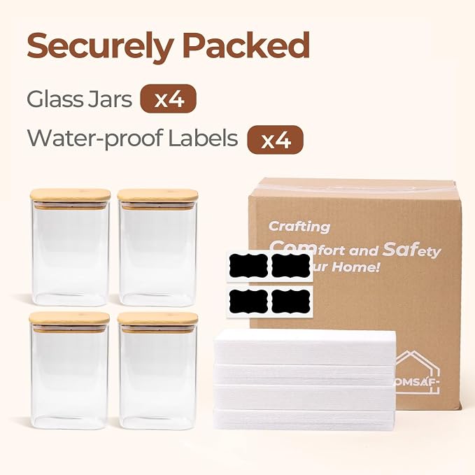 ComSaf Glass Storage Containers with Lids 1.2 Qt, Set of 4 Food Storage Jar