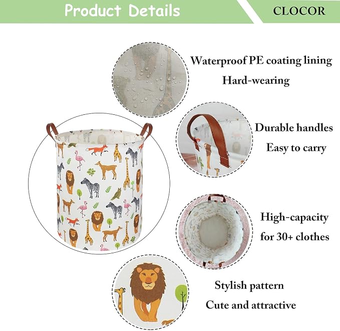 CLOCOR Laundry Basket,Safari Room Decor,Waterproof Storage Basket(Jungle Animals)