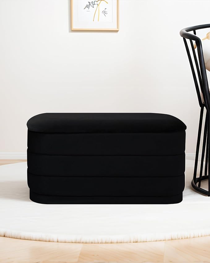 B FSOBEIIALEO 30" Velvet Storage Ottoman Long Bench with Tray, Black | Folding Ottoman with Storage, Coffee Table Shoes Storage Bench for Bedroom, Living Room