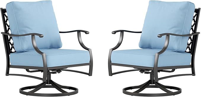 SUNSHINE VALLEY Metal Outdoor Swivel Patio Chairs Set of 2 with 5.75" Extra Thick Cushion, 2 Piece High Back Swivel Rocker Patio Chairs Outdoor Furniture Seating for Deck Balcony Front Porch, Blue