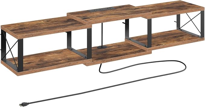 MAHANCRIS 43.7” Floating TV Stand with Power Outlet, Wall-Mounted Entertainment Center, Floating Metal Frame Media Console Shelf for Under TV Storage, for Living Room, Bedroom, Rustic Brown TVHR101E01