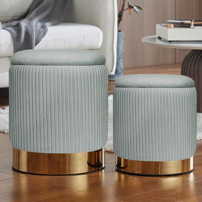 Round Ottoman with Storage Set of 2 Light Grey Velvet Vanity Stool