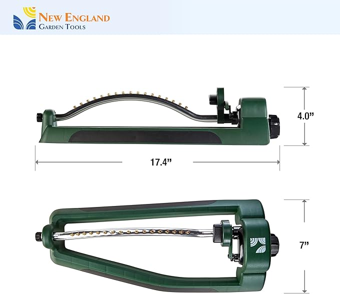 Oscillating Sprinkler 100006, Adjustable Pattern to Cover Up to 2,695 Square Feet, 17 Brass Nozzles on Metal Tube for Even Lawn Watering, by New England Garden Tools