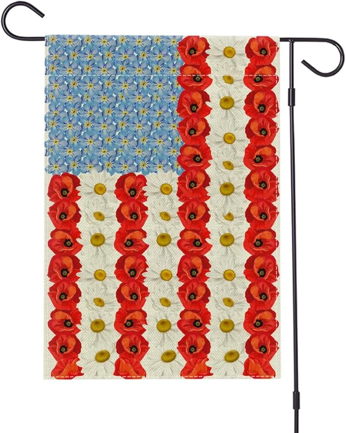 Myosotis Poppy American Garden Flag 12x18 Inch Double Sided Outdoor Yard Patriotic Decorations for Presidents Memorial 4th of July Independence Labor Veterans and Election Garden Decor Flag