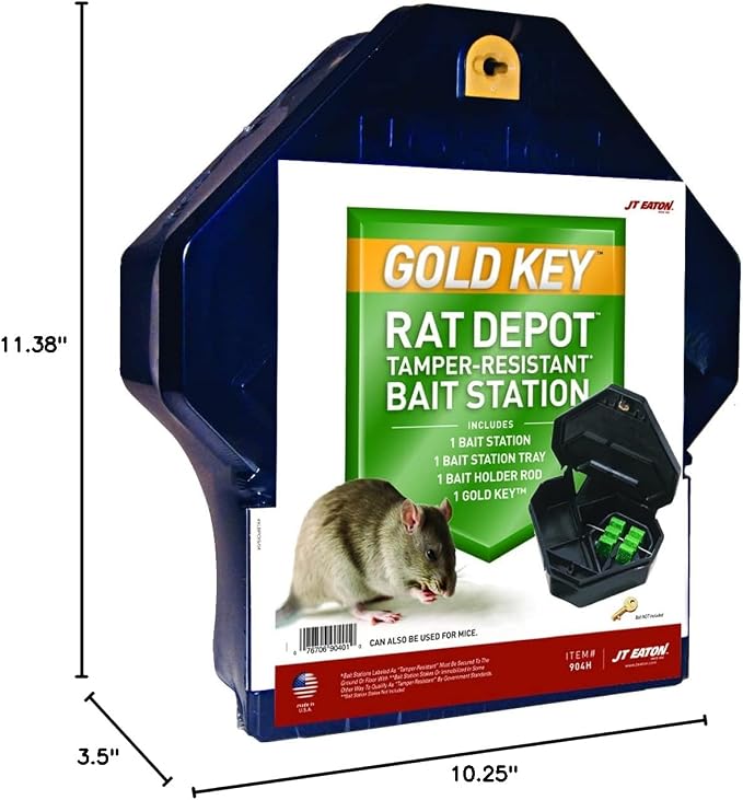 JT Eaton Gold Key Rat Depot Heavy-Duty Tamper-Resistant Bait Station | Heavy-Duty Tamper-Resistant Plastic; Dual Entry; Secure Reusable Design; Indoor and Outdoor Rodent Control