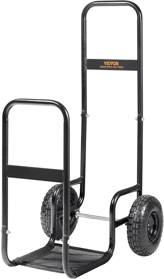 VEVOR Log Cart 250 lbs Load Capacity, Outdoor and Indoor Wood Rack Storage Mover with Pneumatic Rubber Wheels, Heavy Duty Steel Dolly Hauler, Firewood Carrier for Fireplace, Fire Pit, Black