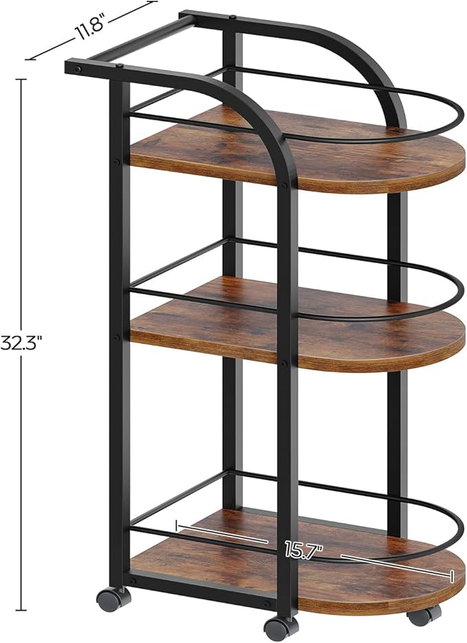 YATINEY 3-Tier Bar Cart, Home Bar Serving Cart with Fence and Wheels, for Dining Room, Living Room, Garden, Party, Rustic Brown and Black BC06BR