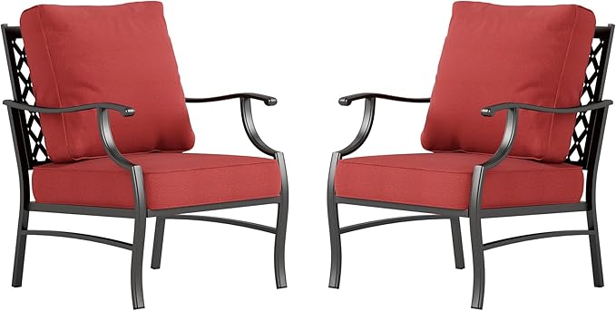 SUNSHINE VALLEY Metal Patio Chair Set of 2 with 5.75" Extra Thick Cushion, 2 Pieces High Back Outdoor Patio Chairs All Weather Outdoor Furniture Seating for Deck Backyard Balcony Front Porch, Rust Red