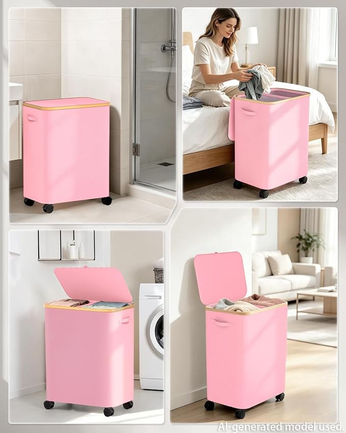 Double Laundry Basket with Wheels and Lid, 150L Clothes Hampers for Laundry