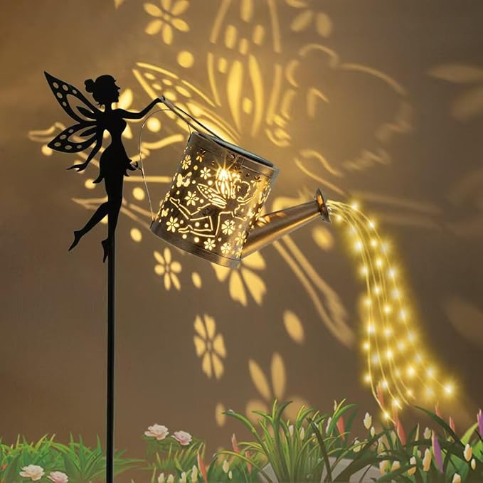Solar Garden Outdoor Decorative, Watering Can with Layered Lighting, Featuring Metal Silhouette Garden Stake, Mother's Gift for Women, Waterproof Garden Decor (Fairy)