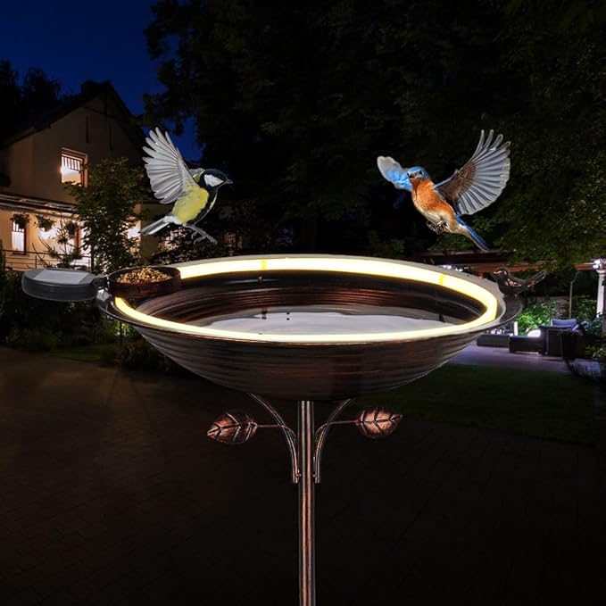 dreamysoul Bird Baths for Outdoors 15" Dia Large Metal Bird Bath with Solar Strip Lights, 5 Prongs Outdoor Copper Birdbath for Lawn Yard Garden Decor