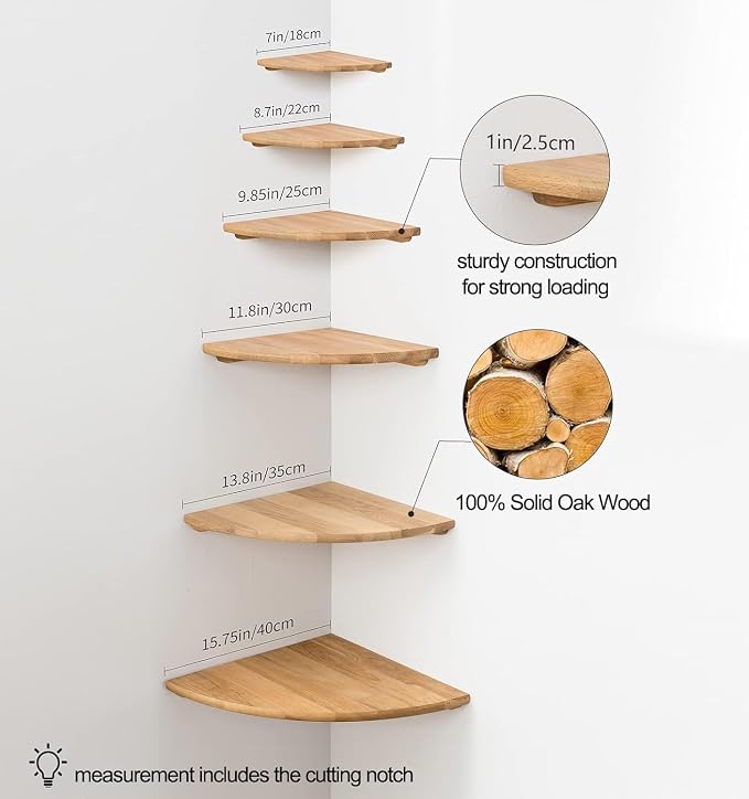 Corner Shelf, Solid Oak Wood Floating Corner Shelf Wall Mount Round End Floating Speaker Shelves with Wire Hole for Small Plant Photo for Bedroom Kitchen, Living Room