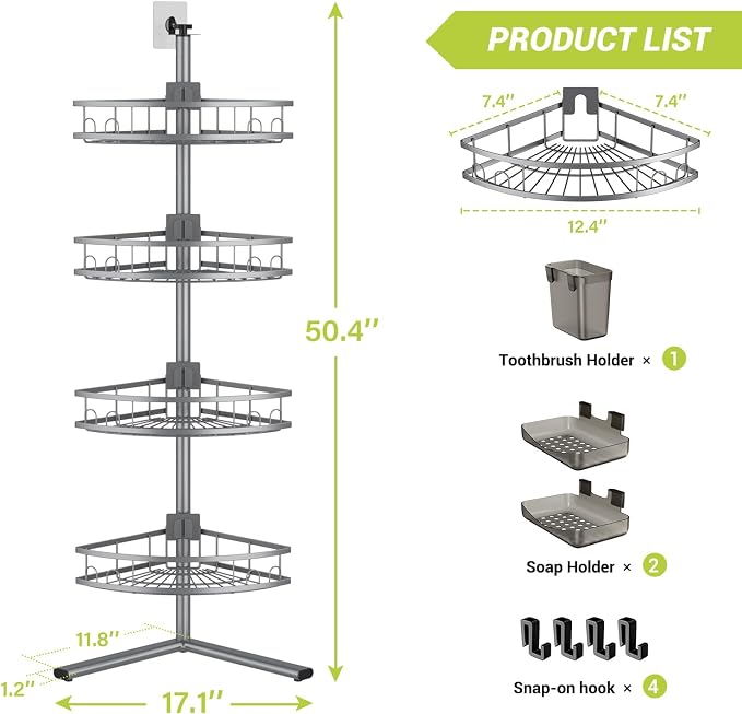Standing Corner Shower Caddy - Rustproof Bathroom Shower Stand Shelf