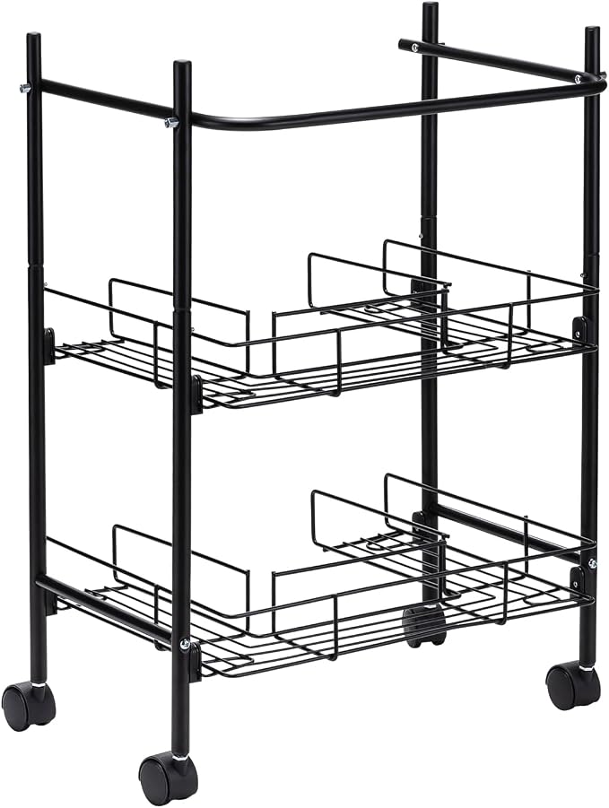 2-Tier Under Sink Organizer Multipurpose Movable Rolling Cart Storage Cabinet Basket for Bathroom Kitchen with Hand Towel Bar, Black