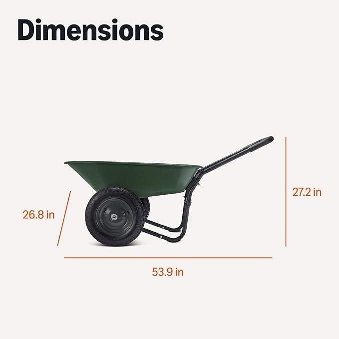 Amazon Basics Garden Wheelbarrow, Heavy Duty, 330 Pounds Capacity, 3.7 Cubic Feet, 26.8W x 53.9D x 27.2H inches, Green, 1-Pack