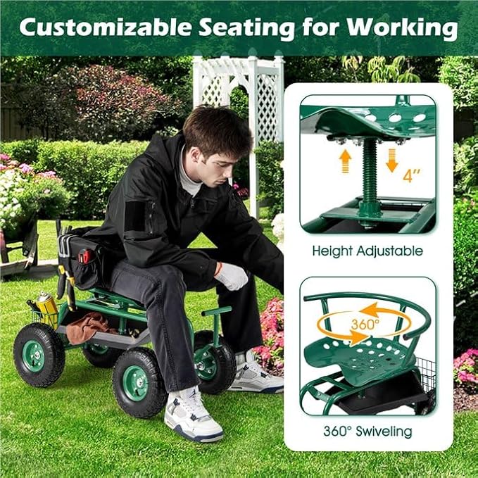 ERGOMASTER Garden Cart Rolling Workseat with Wheels,2 Steering Handles,360 Degree Swivel Seat & Tool Storage, Use for Patio, Yard, and Outdoors Workseat, Green