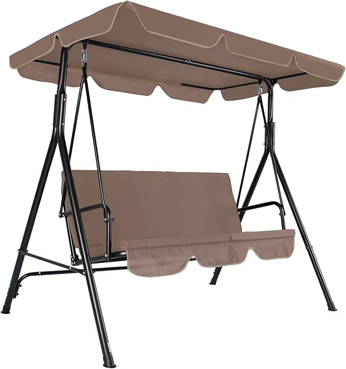 GARTOO 3-Seat Patio Swing Chair, Outdoor Porch Swing with Adjustable Canopy and Durable Steel Frame for Patio, Garden, Poolside(Brown)