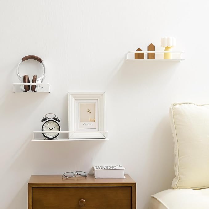 Floating Shelves for Wall with Guardrail, 8 Inch Metal Wall Mounted Storage Shelves, Modern Space-Saving Bathroom Over Toilet Shelves Decor for Living Room, Bedroom, Kitchen & Office