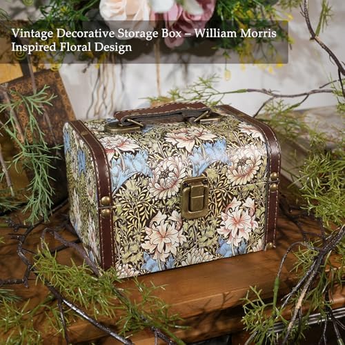 Vintage Decorative Storage Box with Handle, Retro Floral William Morris Keepsake Organizer Chest for Jewelry, Trinkets, Gift Packaging and Home Decor, 7 x 5.6 x 4.7 Inch