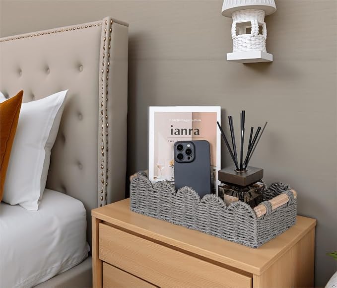 CubesLand Toilet Paper Storage Basket for Over Toilet Tank Storage | Handwoven Scalloped Shelves Basket for Organizing, Home Decor Baskets for Shelf, Countertop, Living Room, Bedroom, Grey