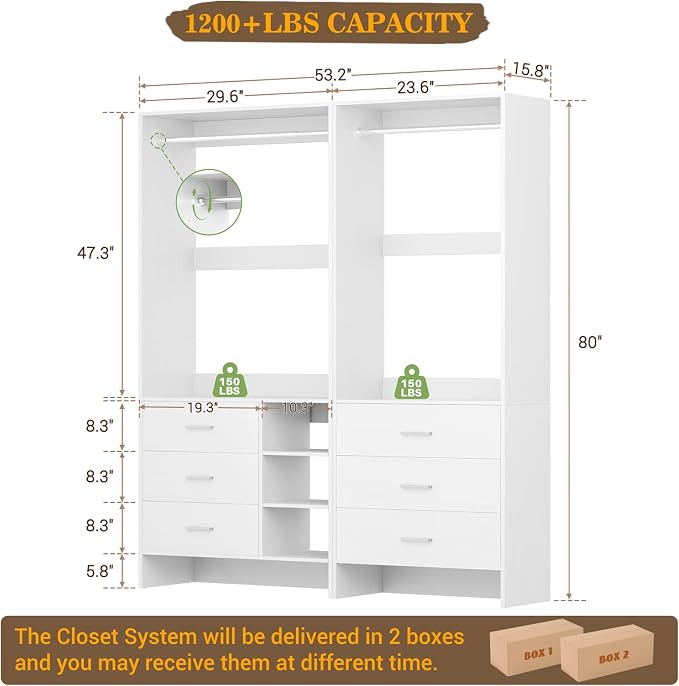 Aheaplus Closet System with 6 Drawers, 4.5ft, Set of 2, White