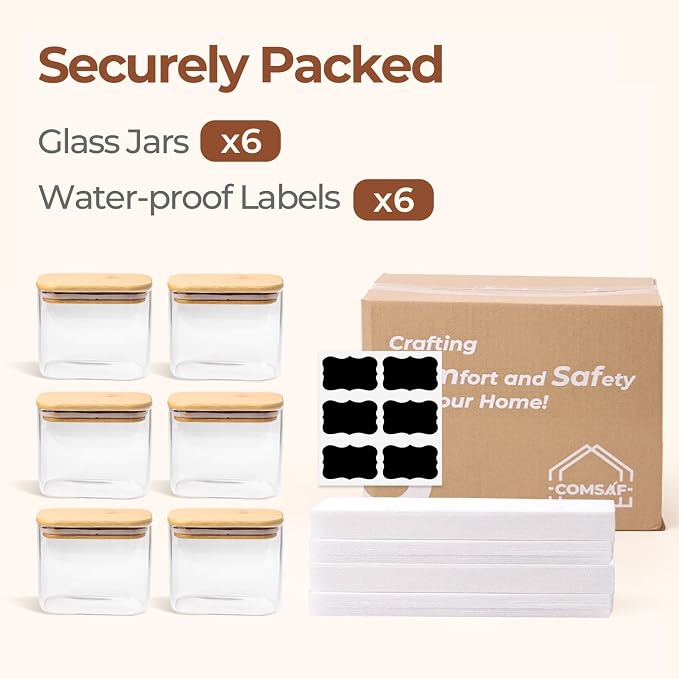 ComSaf Small Glass Containers with Lids 0.7 Qt, Set of 6 Glass Storage Jars