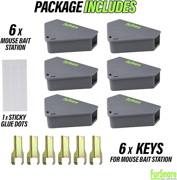 Furnsnare Mouse Bait Station (6 Pack) - Bait Boxes for Mice and Rats with Lockable Keys - Weatherproof Outdoor Mouse Bait Stations- Safe for Kids & Pets