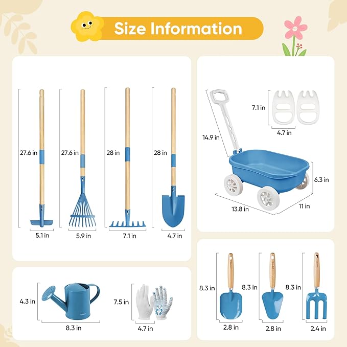 Grenebo Kids Gardening Set with Wheelbarrow, 11-Piece Outdoor Yard, Beach, STEM Garden Play Kit with Child-Sized Tools, Durable, Safe & Fun Gift Toy for Ages 2+ Kids Toddlers Boys Girls (Blue)
