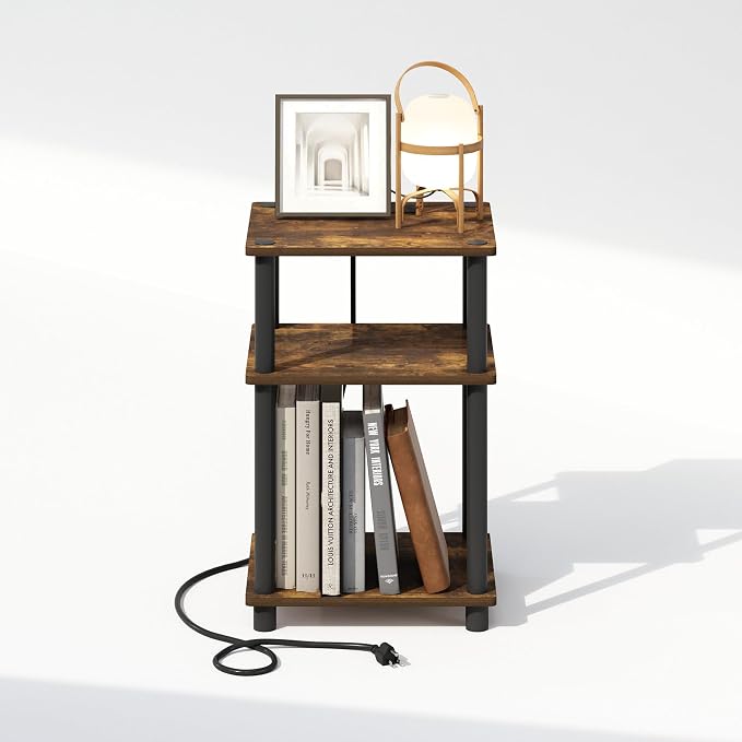 Furinno JUST 3-Tier Night Stand with Charging Station, Amber Pine