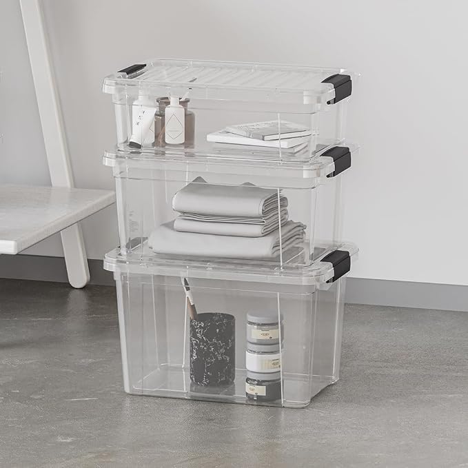 Superio Clear Storage Boxes with Lids, 49 Quart Plastic Container Bins for Organizing, Stackable Crates, BPA Free, Non Toxic, Odor Free, Organizers for Home, Office and Dorm, 3 Pack