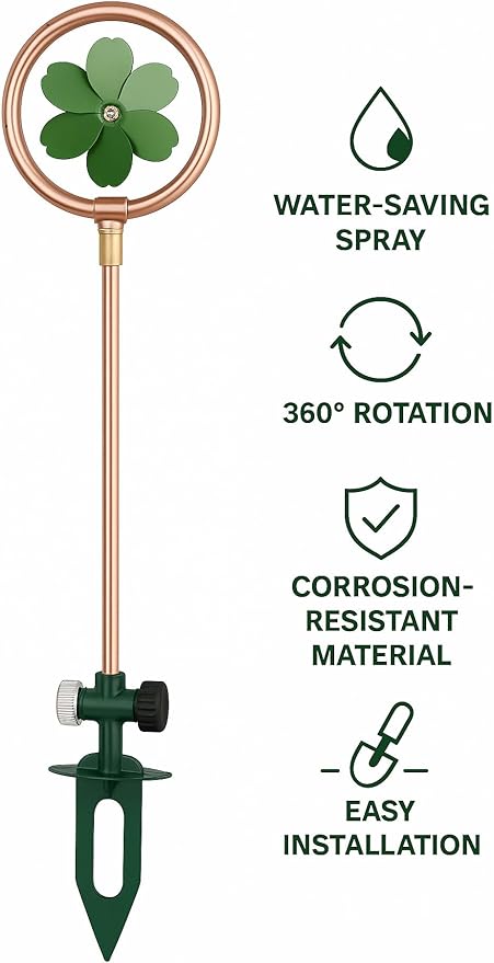 Metal Flower Sprinkler Head,Dual-Purpose Garden Decor & 360° Lawn Irrigation System,22-Inch Coverage Diameter (Copper/Green)