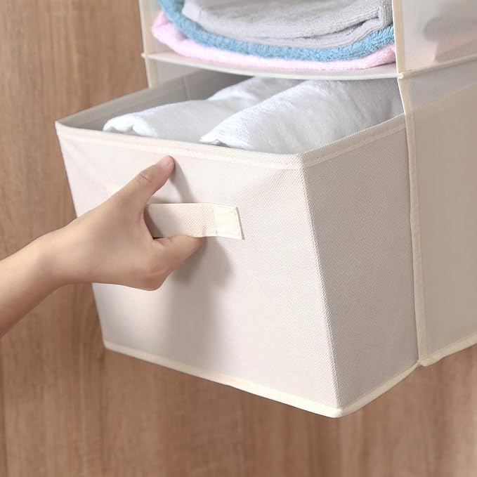 MAX Houser 4-Shelf Hanging Closet Organizer, Space Saver, Cloth Hanging Shelves with 2 Side Pockets, Foldable (Beige) | Foldable Fabric Hanging Shelves for Closet, Cloth Hanging Shelves with 2 sturdy hanging hooks, Small Space Saver