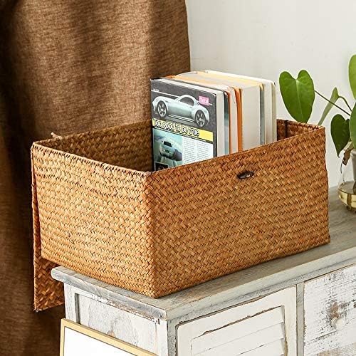 DOKOT Rectangular Handwoven Seagrass Storage Basket with Lid for Shelves and Home Organizer Bin, (M (12"x7"x6"H), Natural)