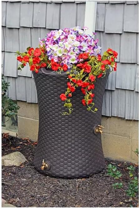 Beautiful Nantucket Wicker Rain Barrel with Planter top, 50 Gallon, The New Way reinvents How You Harvest rainwater. Decorave Design for Garden, Backyard or Patio. (Dark Brown, 50 Gallon)