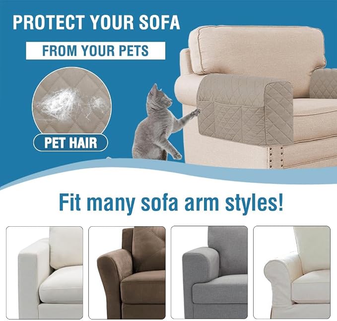 2 Pack Water Resistant Armrest Covers for Chairs and Sofas Couch Arm Covers for Sofa with 3 Pockets for Phone Sofa Arm Protector for Pets, Cats (Khaki)