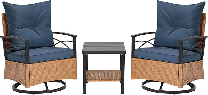 MELLCOM 3 Pieces Patio Furniture Set, Outdoor Swivel Patio Rocker Chairs with Thick Cushions and 2-Tier Coffee Table, Oversize Wicker Bistro Conversation Sets for Garden, Balcony, Backyard, Blue