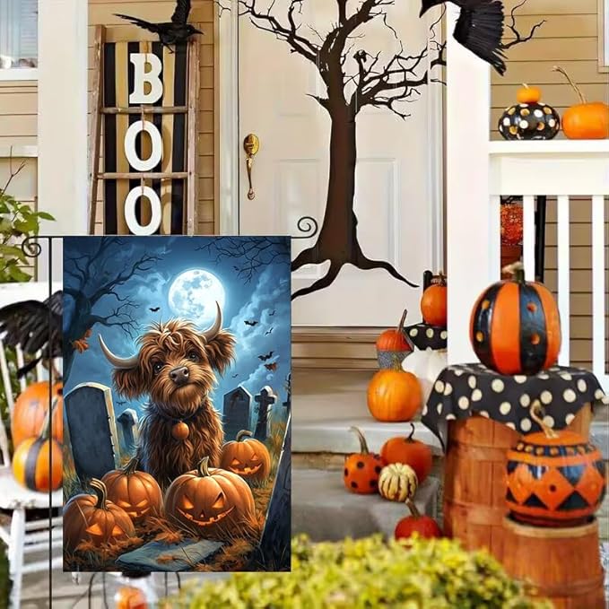 Happy Halloween Garden Flag 12x18 Double Sided, Small Burlap Holiday Graveyard Pumpkin High Cow Garden Flags for Outside Halloween Decorations Outdoor Yard Lawn Porch Décor